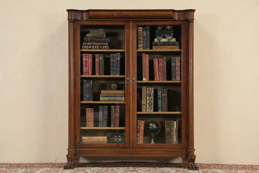 Main image of Oak 1900 Antique Library Bookcase, Lion Paw Feet & Columns