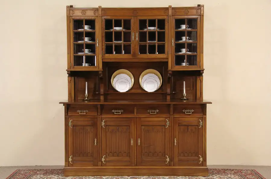 Main image of English Arts & Crafts 1900 Antique Mahogany Back Bar Sideboard, Beveled Glass