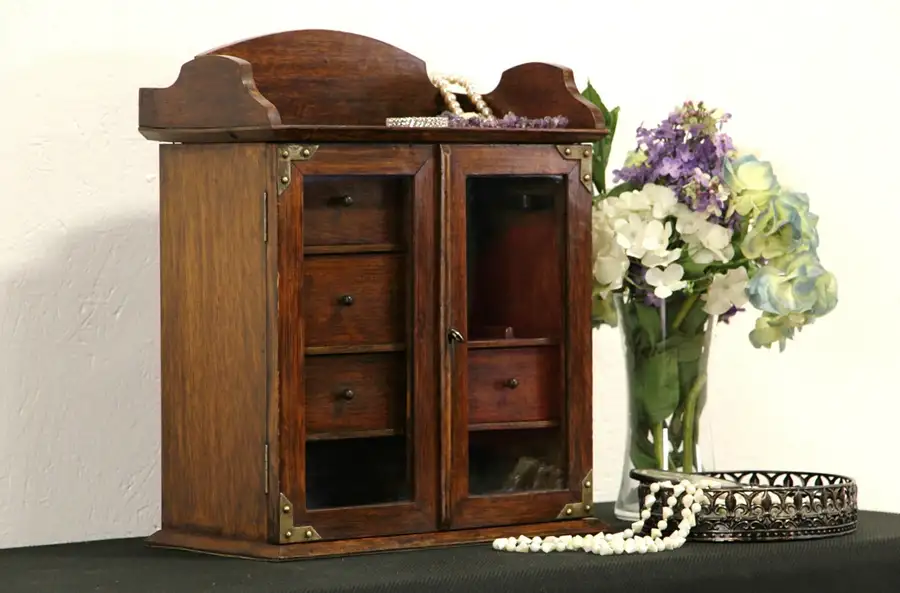 Main image of English Oak 1900 Antique Smoking Cabinet or Jewelry Chest