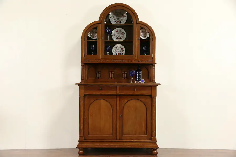 Main image of Oak Carved Sideboard, Server, Back Bar, 1900 Dutch Antique, Beveled Glass