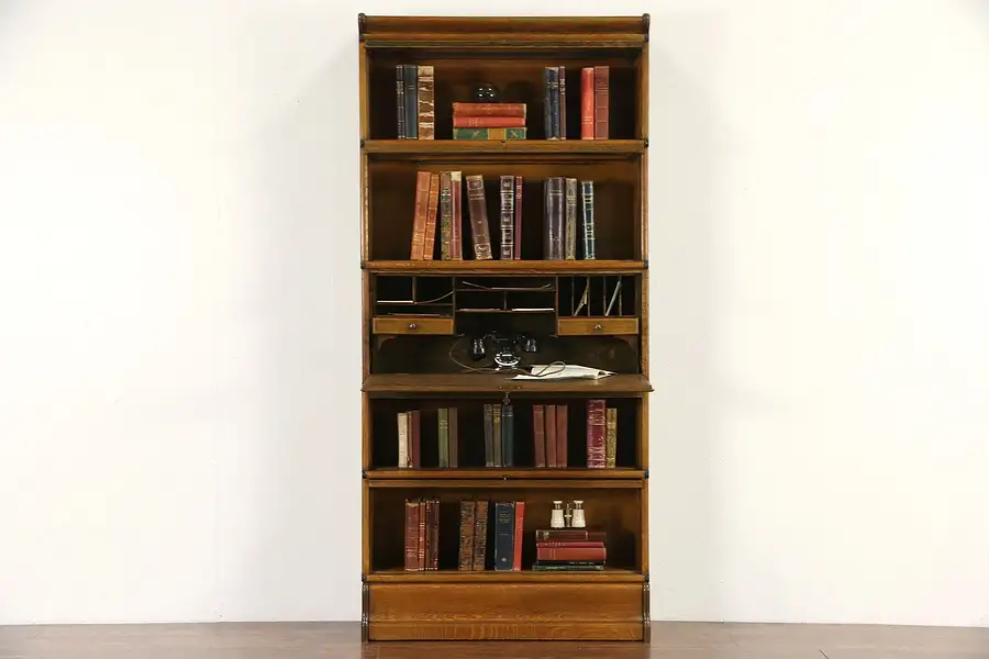 Main image of Quartersawn Oak Stacking Antique Lawyer Barrister Bookcase with Desk