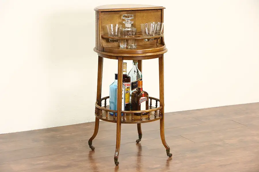 Main image of Irish Oak 1910 Antique Spinning Bar Cabinet, Crystal Decanter, Signed Shannon