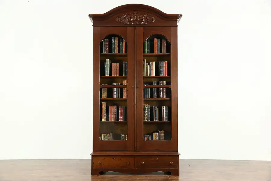 Main image of Victorian 1860's Antique Carved Walnut Library Bookcase, Wavy Glass Doors