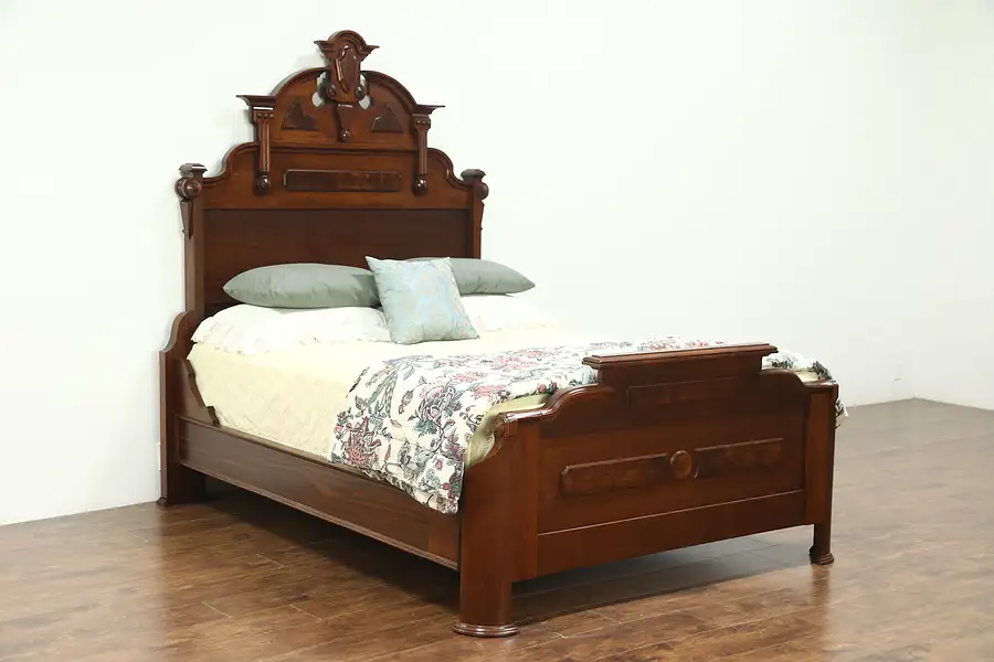 Main image of Queen Size Victorian Renaissance Antique 1875 Walnut & Burl Bed