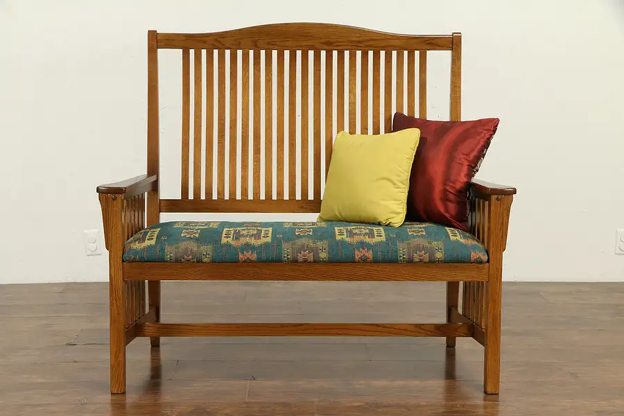 Main image of Craftsman Oak Vintage Hall Bench, New Upholstery, Richardson Bros.