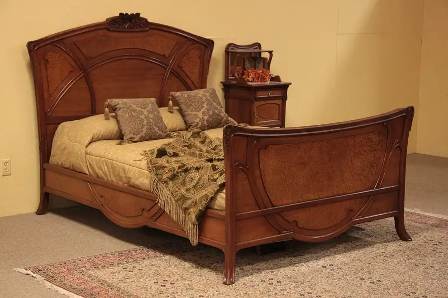 Main image of Art Nouveau Mahogany & Birdseye Antique Bed