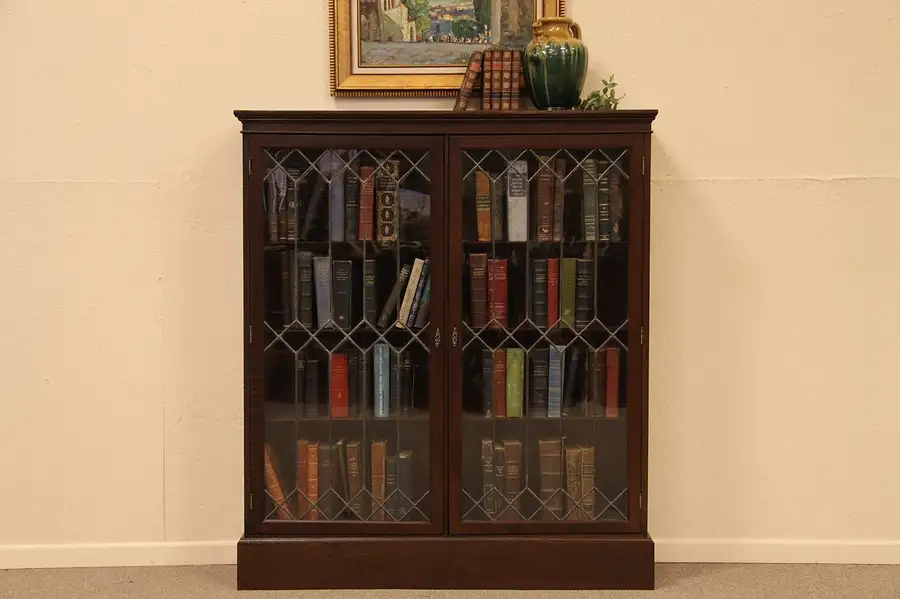 Main image of Oak Antique Bookcase, Leaded Glass Doors