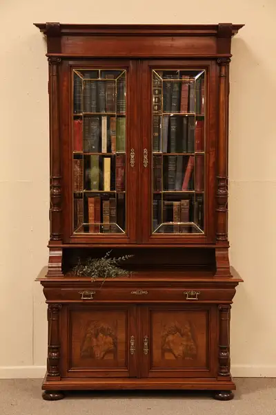 Main image of Carved 1880s Bookcase, Leaded Glass Doors