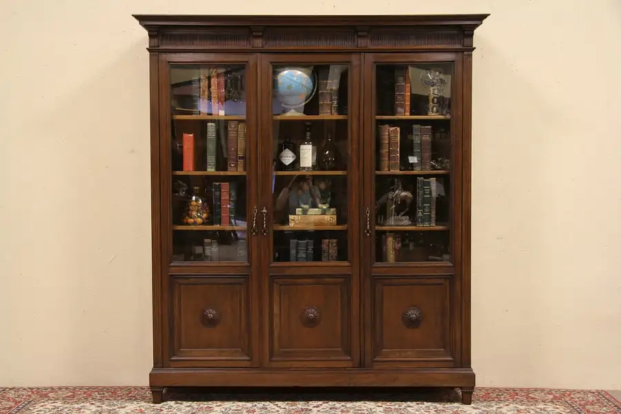 Main image of Italian 1910 Carved Walnut Triple Library Bookcase, Glass Doors