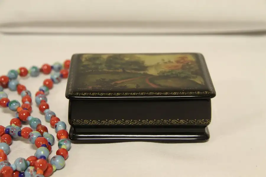 Main image of Russian Vintage Lacquer Box, Hand Painted Traditional Church in Forest