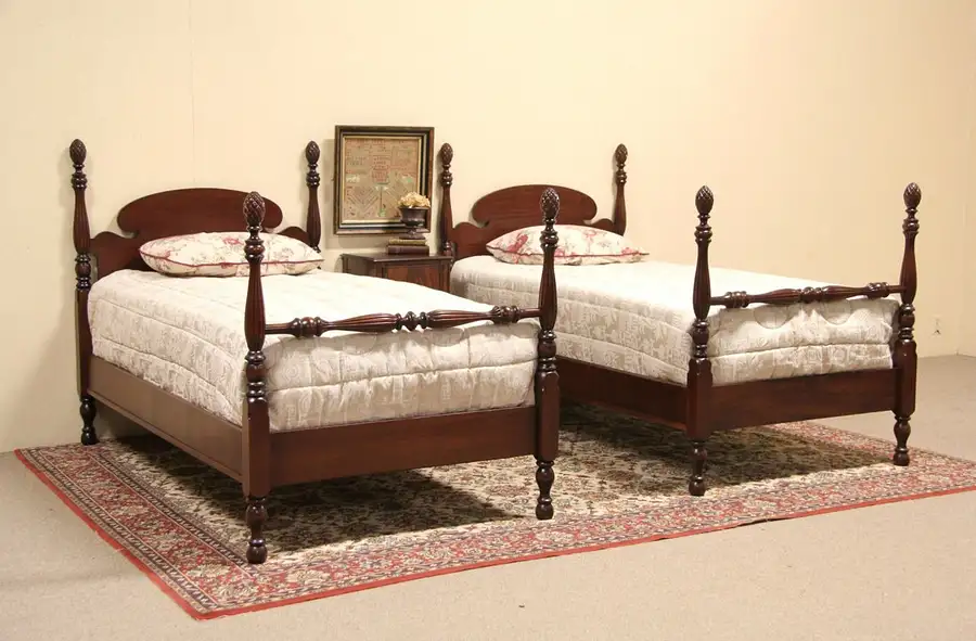 Main image of Pair 1930's Twin Size Mahogany Pineapple Poster Beds