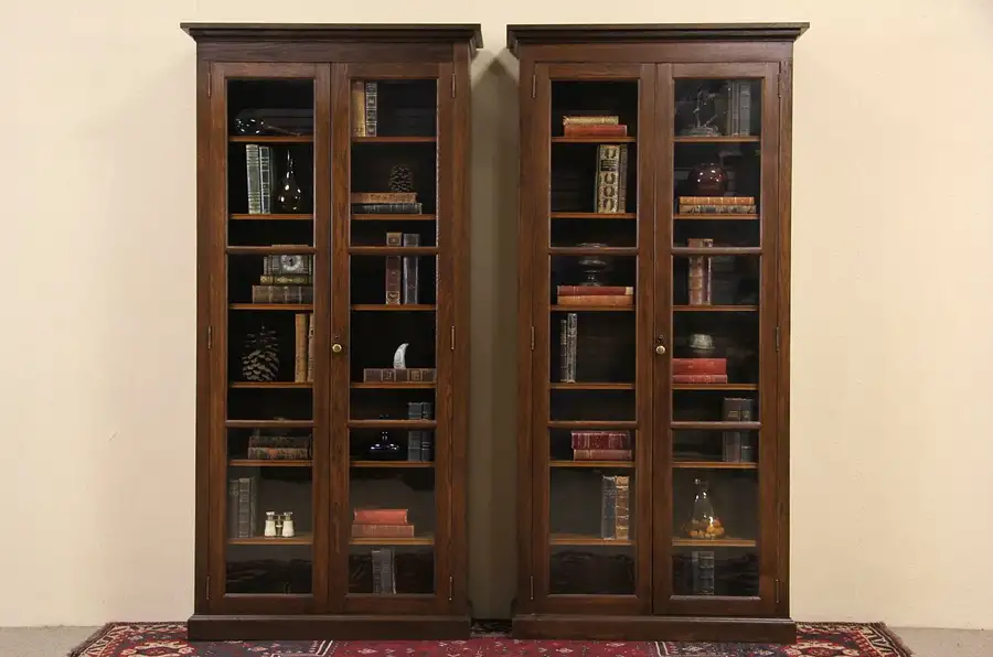 Main image of Pair of 1900 Oak Antique 7' Tall Bookcases, Wavy Glass Doors