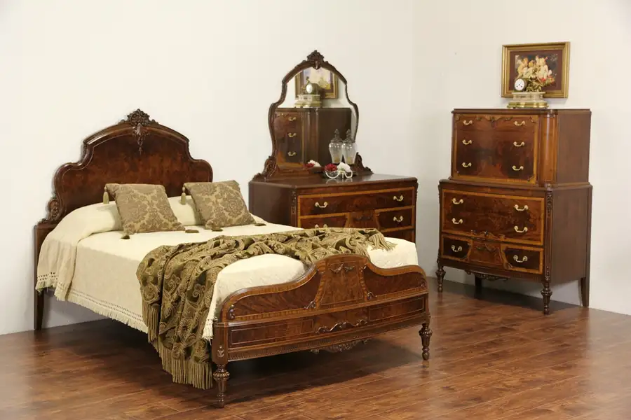 Main image of Bedroom Set, Full Size 1930's Vintage Carved Walnut & Burl 3 Pc.