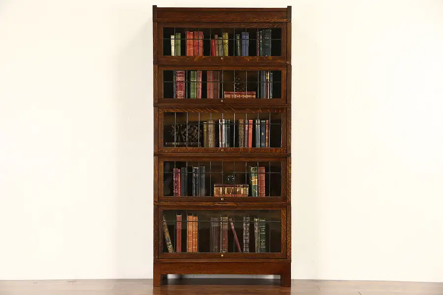 Main image of Arts & Crafts 1905 Leaded Glass 5 Stack Oak Lawyer Bookcase, Signed Globe