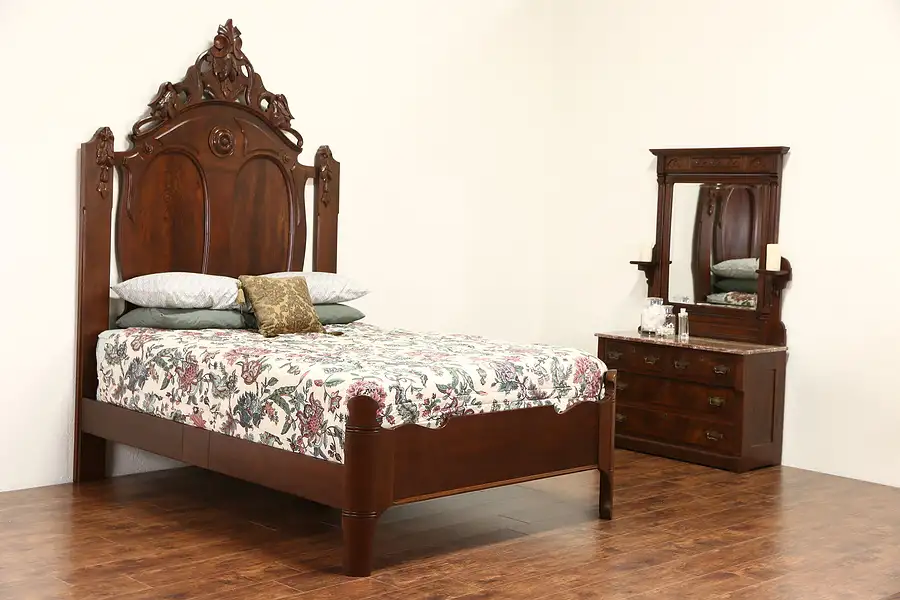 Main image of Victorian 1860's Antique Carved Walnut Queen Size Bed