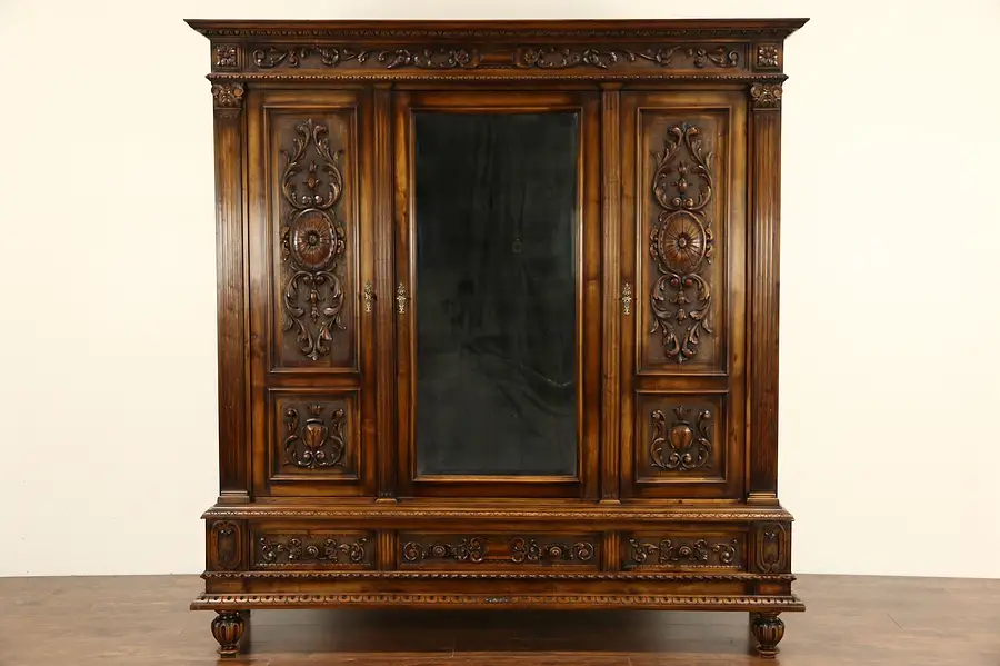 Main image of Italian Renaissance 1900 Antique Carved Walnut Armoire, Wardrobe or Closet