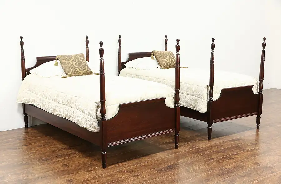 Main image of Pair Twin or Single Mahogany Poster Beds, 1930's Vintage, Signed Millwaukee