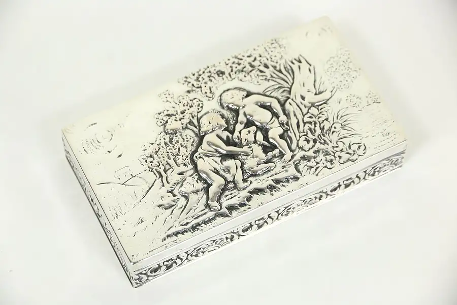 Main image of Silver Antique European Jewel Box, Repousse Children & Lamb Scene