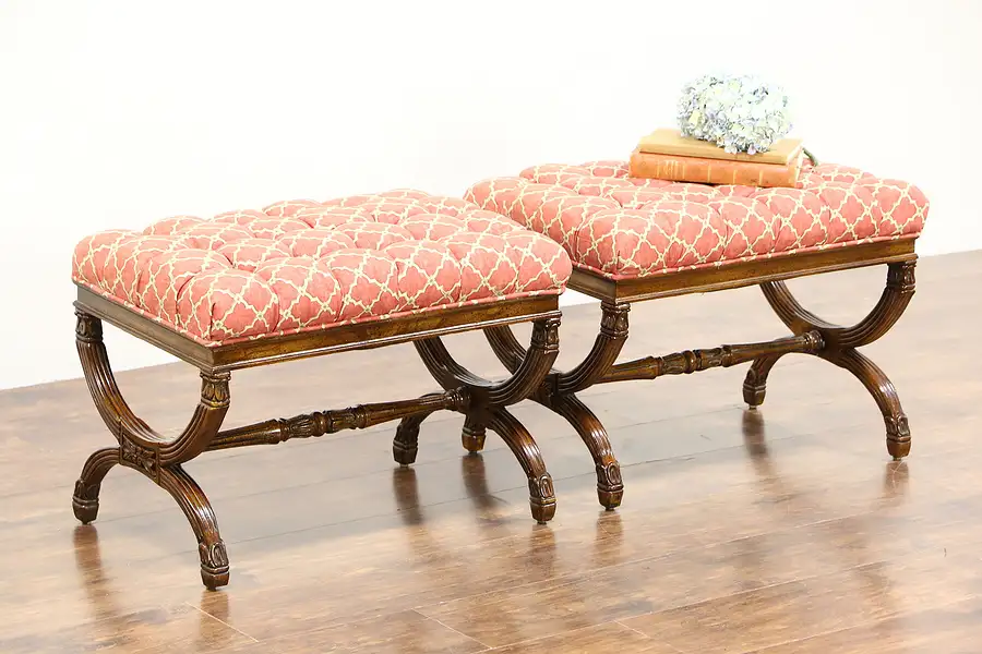 Main image of Pair Traditional Carved Vintage Mahogany Stools or Benches, Tufted Upholstery