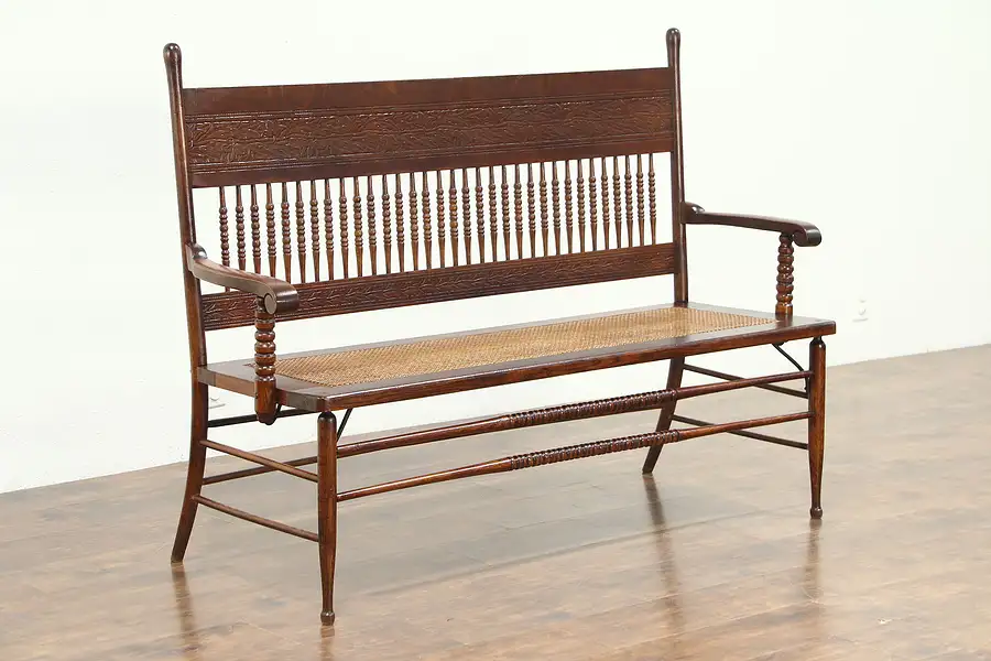Main image of Oak 1900 Antique Hall Bench or Settee, Press Carved, Heywood Wakefield