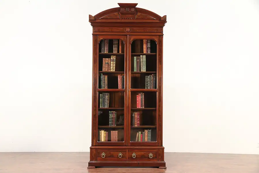 Main image of Victorian Antique Walnut & Burl Library Bookcase, Wavy Glass Doors