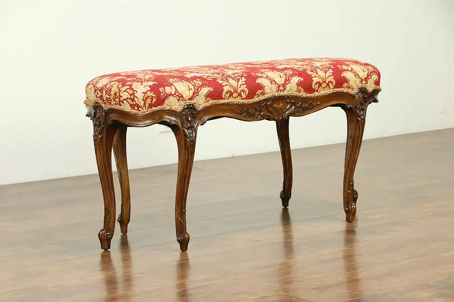 Main image of French Antique Hand Carved Walnut Bench, 6 Legs