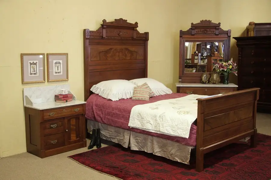 Main image of Victorian Eastlake Antique Queen Bedroom Set, Marble