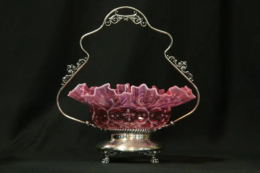 Main image of Victorian Silver Bride's Basket, Cranberry Glass Bowl