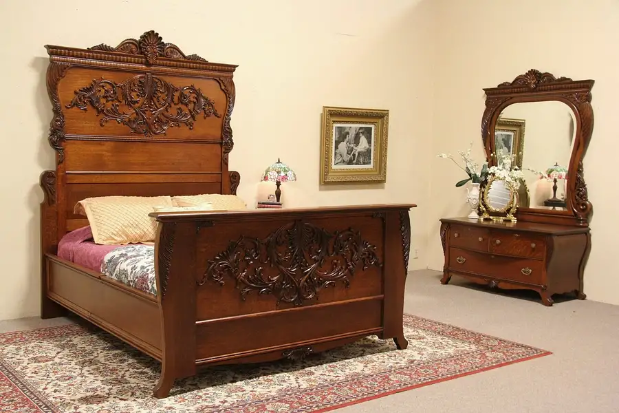 Main image of Carved Oak 1900 Antique Queen Size Bedroom Set