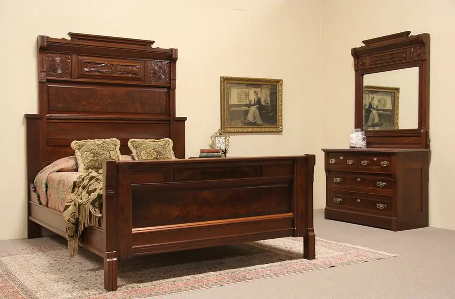 Main image of Victorian Eastlake 1880 Bedroom Set, Queen Size Bed, Marble Top Dresser