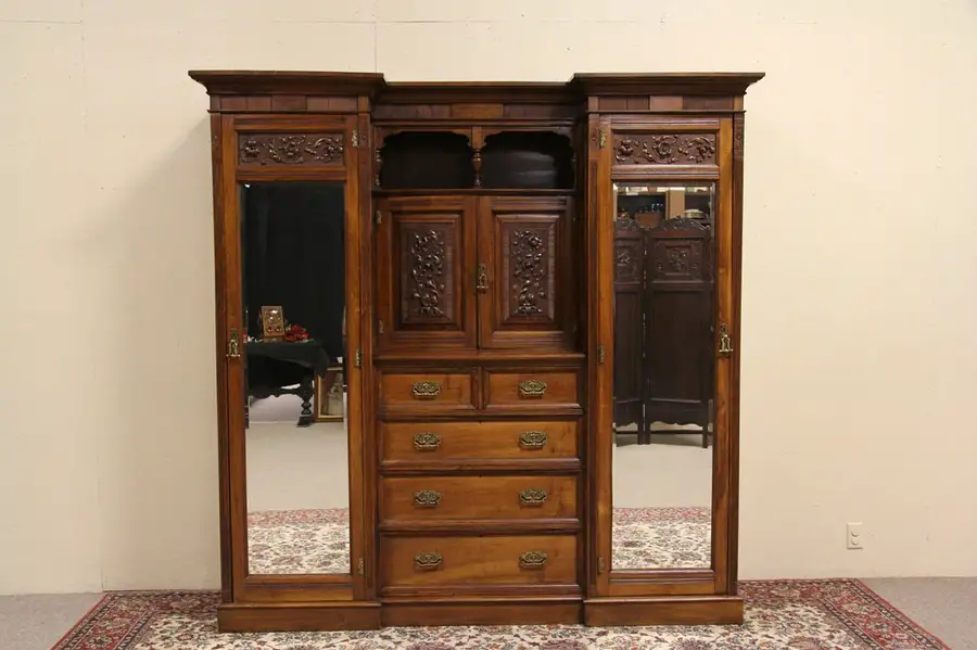 Main image of English 1890 Carved Triple Armoire Dressing Closet Combination