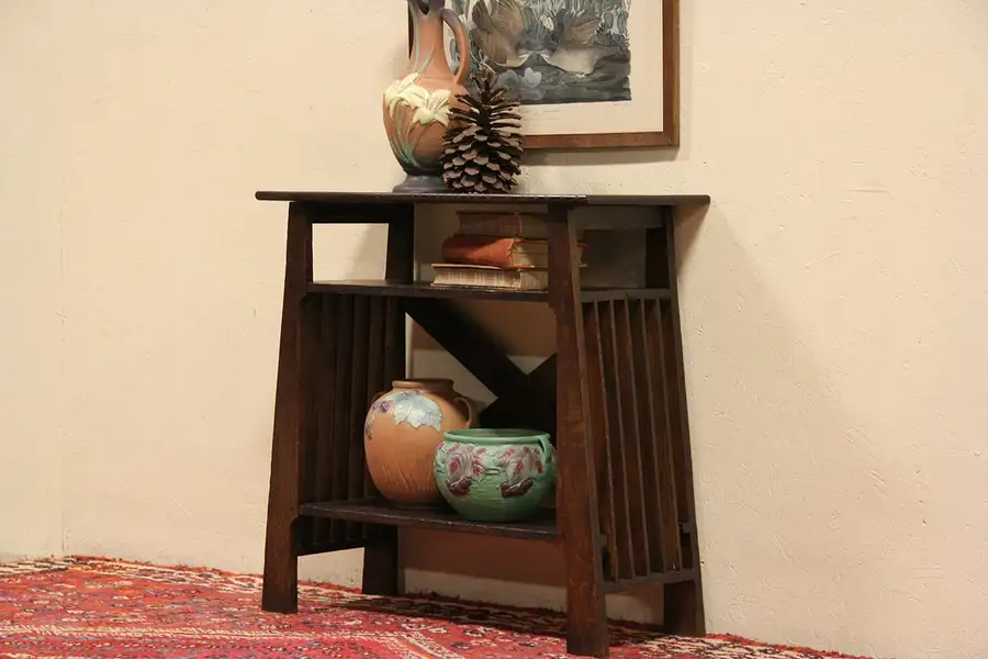 Main image of Arts & Crafts Mission Oak 1905 Antique Console, Bookshelf or Sofa Table