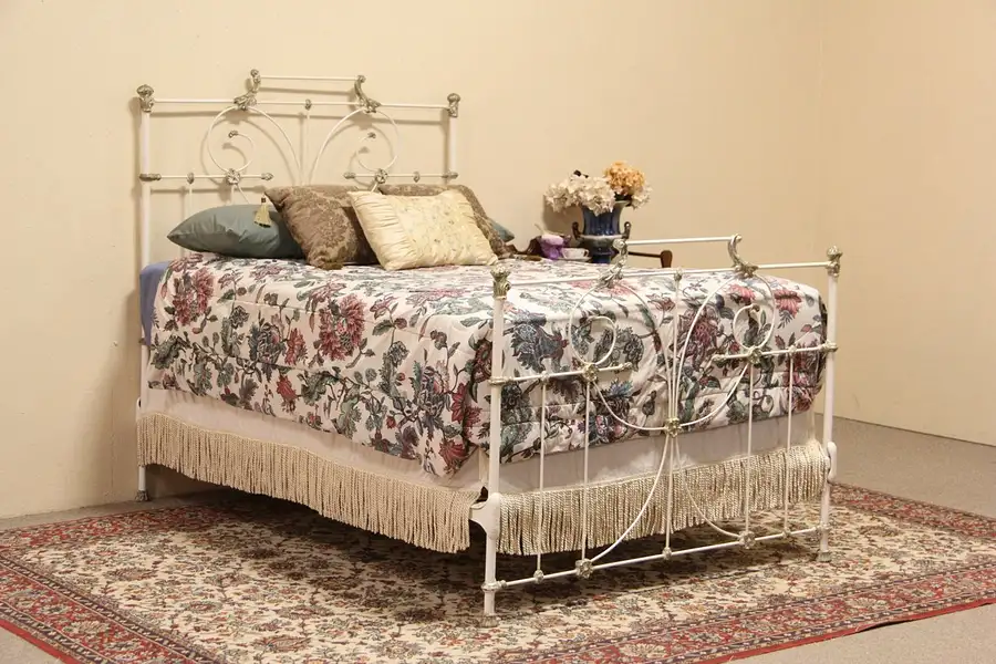 Main image of Victorian Cast Iron 1900 Antique Full or Double Size Bed, Old White Paint