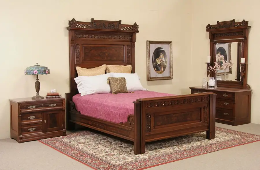 Main image of Eastlake Antique Queen Bedroom Set, Chest with Mirror and Nightstand, Marble Top