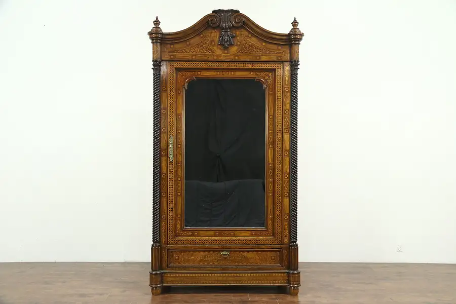 Main image of German 1825 Antique Schrank Armoire, Marquetry & Spiral Columns 8' 8" Tall