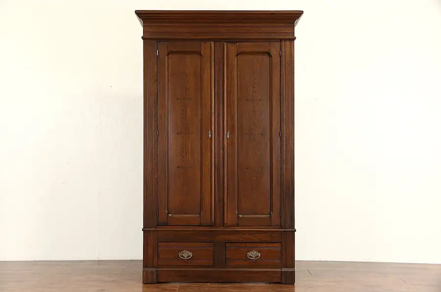 Main image of Victorian Eastlake Antique 1890 Armoire Wardrobe or Closet, Spoon or Chip Carved