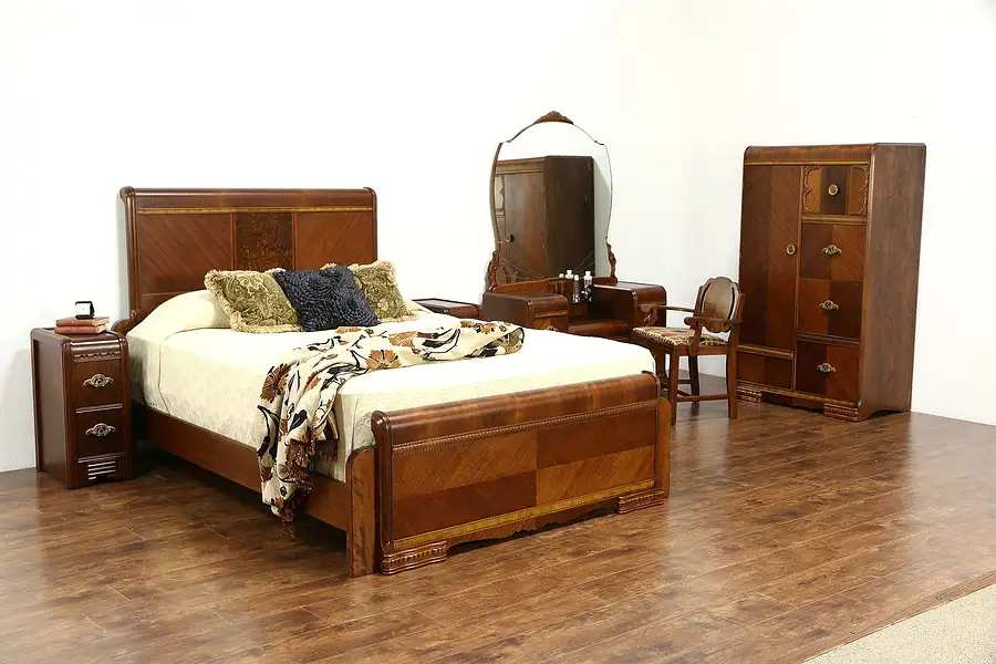 Main image of Art Deco Waterfall Vintage 6 Pc. Bedroom Set, Queen Size Bed