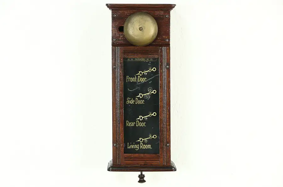 Main image of Servant Electric Call Bell, 1900 Antique Oak Case & Wavy Glass, Signed Carter