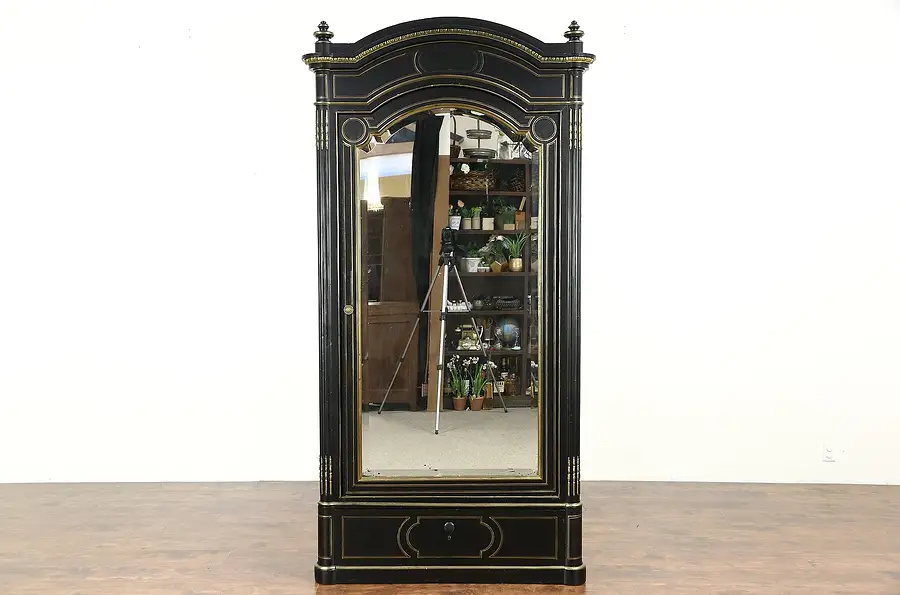 Main image of French 1880's Antique Ebonized Armoire, Wardrobe or Closet, Brass Boule Inlay