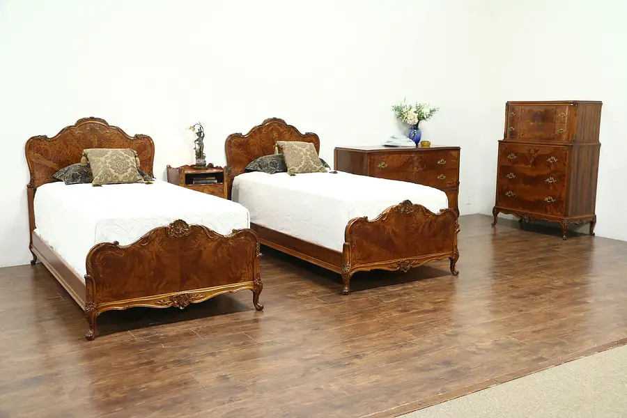 Main image of Satinwood 1940's Vintage 5 Pc. Bedroom Set, Twin Beds, Signed Empire of Rockford