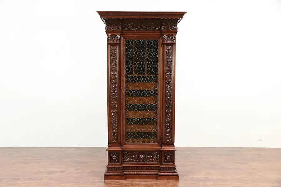 Main image of Italian Antique Armoire, Library File Cabinet, Iron & Stained Glass Door