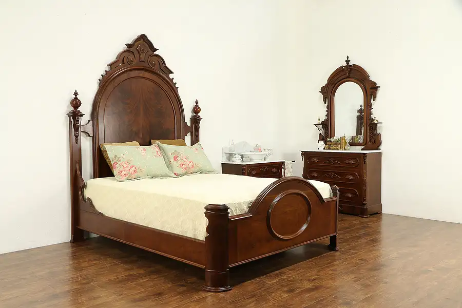 Main image of Victorian Antique Cherry & Mahogany Queen Size Bedroom Set, Marble Chests