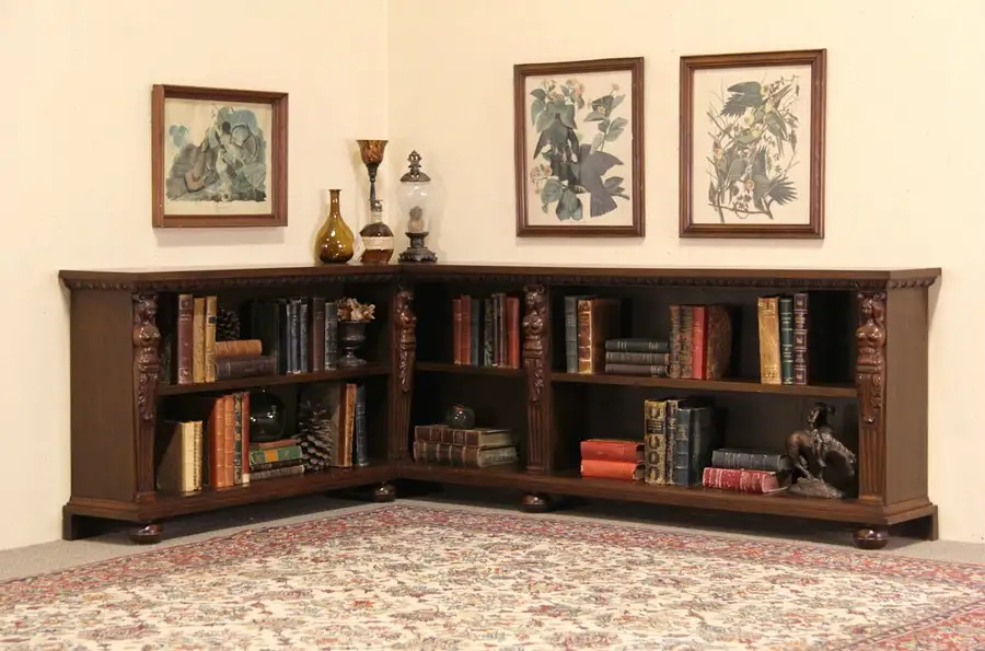 Main image of Corner Oak 1910 Antique Library Bookcase, Carved Figures