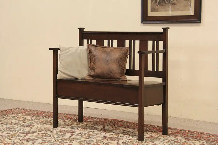 Main image of Arts & Crafts Mission Oak 1905 Antique Hall Bench, Storage Under Seat