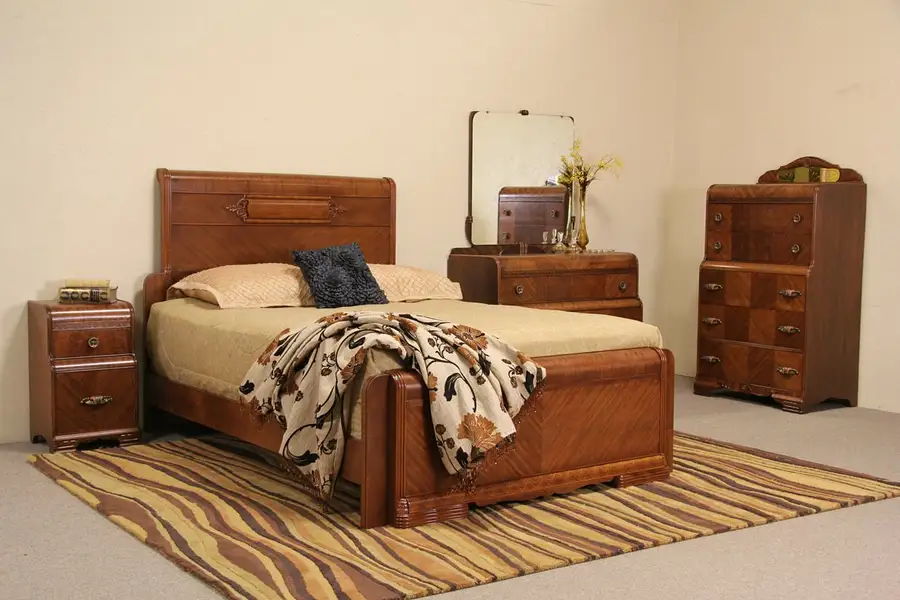 Main image of Art Deco Queen Size Four Piece Bedroom Set, Highboy, Low Dresser and Nightstand