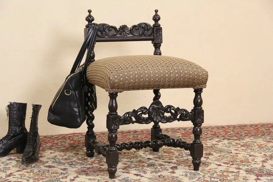 Main image of Black Forest Carved Oak 1890 Antique Bench, Newly Upholstered