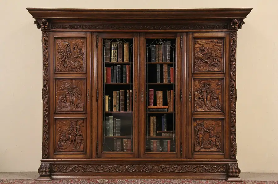 Main image of Dutch Oak 1915 Antique Library Bookcase, Carved Bible Scenes, Figures, Lion Paws
