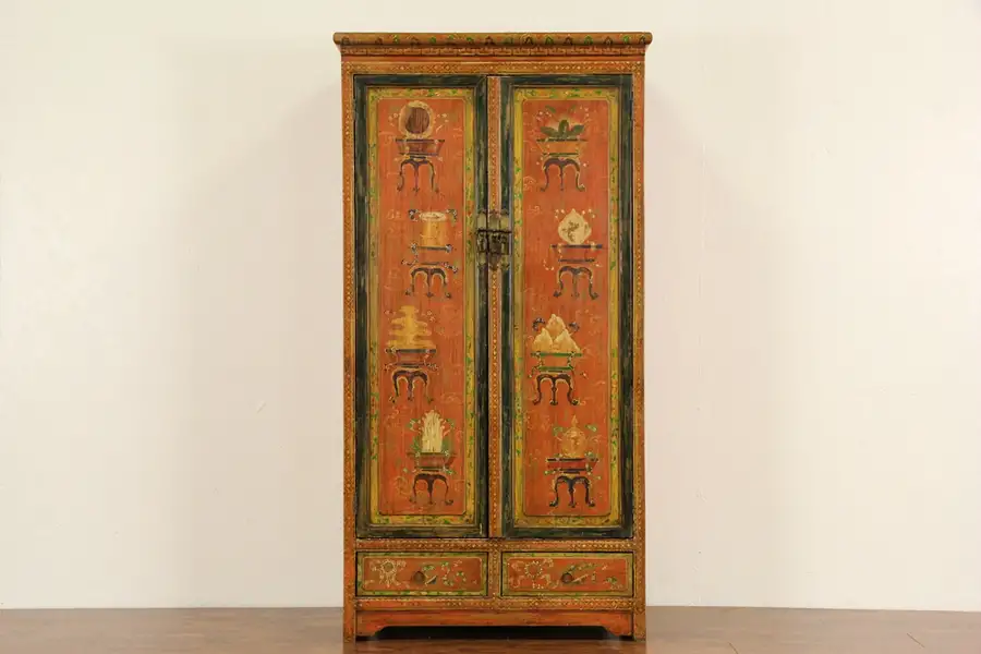 Main image of Chinese Hand Painted Lacquer Armoire or Cabinet
