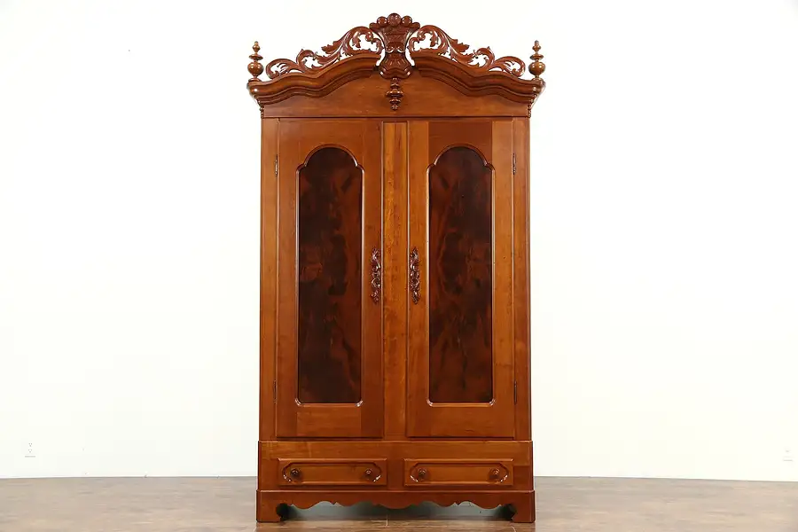 Main image of Victorian 1860's Antique Hand Carved Cherry Armoire, Wardrobe or Closet