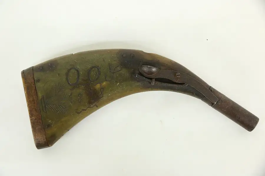 Main image of Horn Antique Powder Flask, Engraved 1878, Cap Compartment